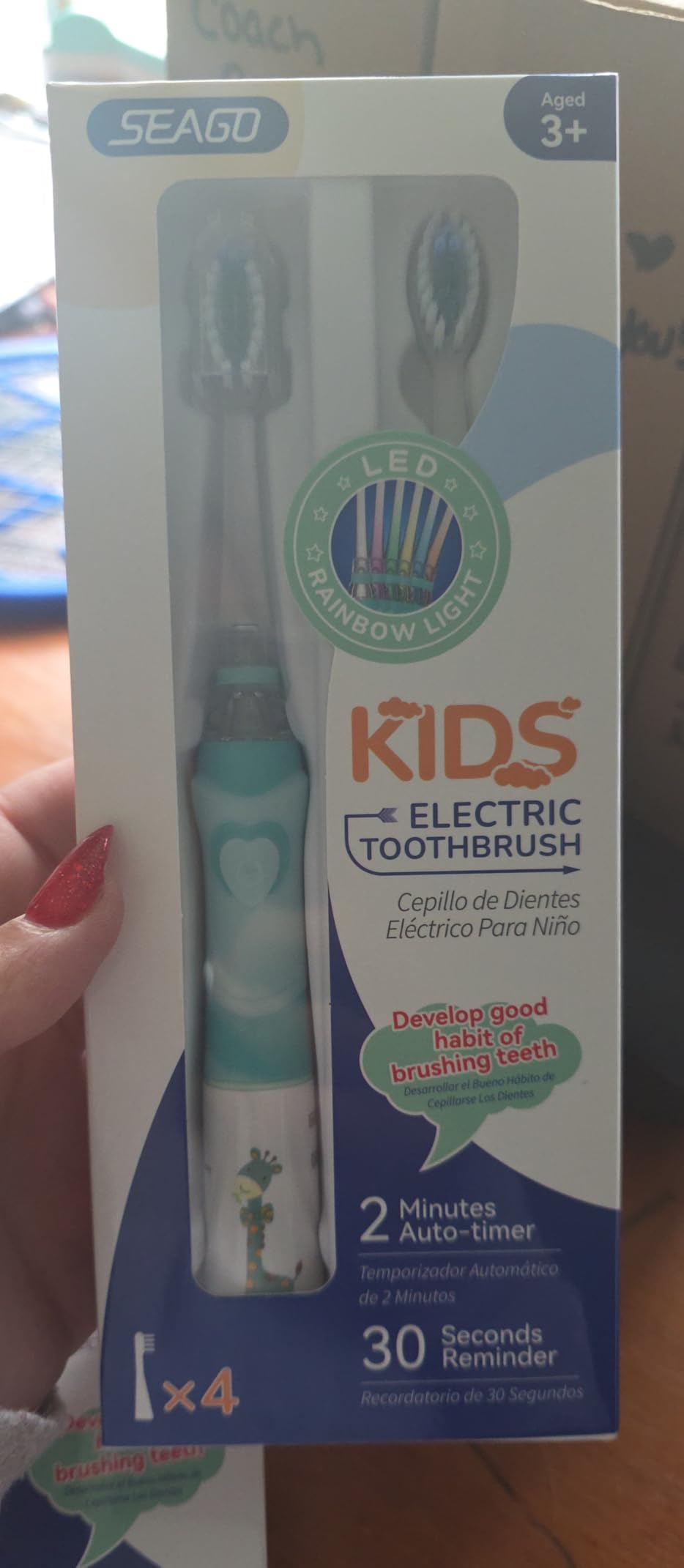 SEAGO Kids Electric Toothbrush, Timer, LED Light, AAA-Powered, 4 Heads, Extra-soft bristles and rainbow LED with 4 brush heads, IPX7 waterproof and up to 150-day use per AAA battery (not included) customer photo 2