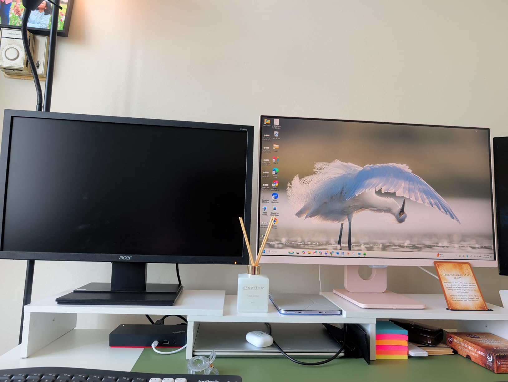 BONTEC Dual Monitor Stand Riser, Adjustable Length & Swivel Angle, Black | Ergonomic Wooden Desktop Organizer with Smartphone Holder, Computer Monitor Stand for PC, Laptop,Printer and Large Storage customer photo 1