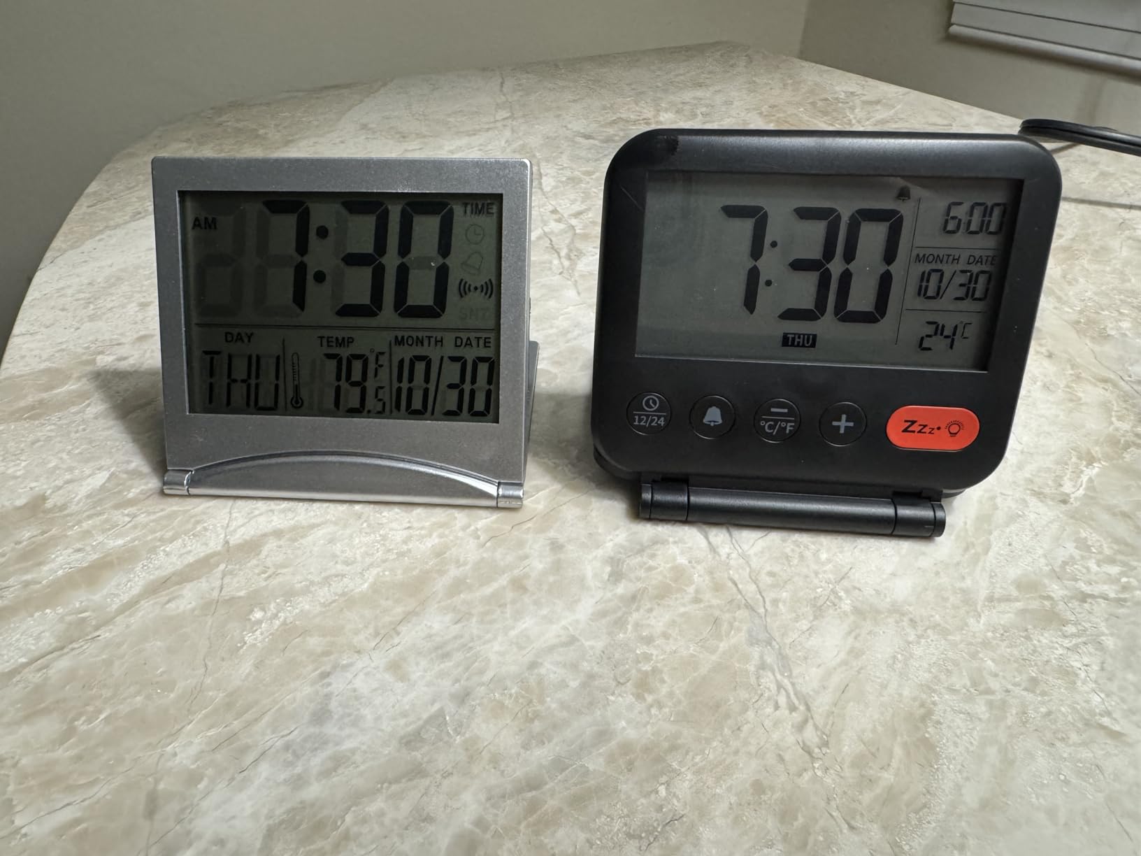 NOKLEAD Digital Travel Alarm Clock for Bedroom Office: Small LCD Desk Clock with Backlight Date Temperature Snooze 12/24H Weekend Mode and Mirror, Battery Powered Folding Bedside Clock customer photo 1