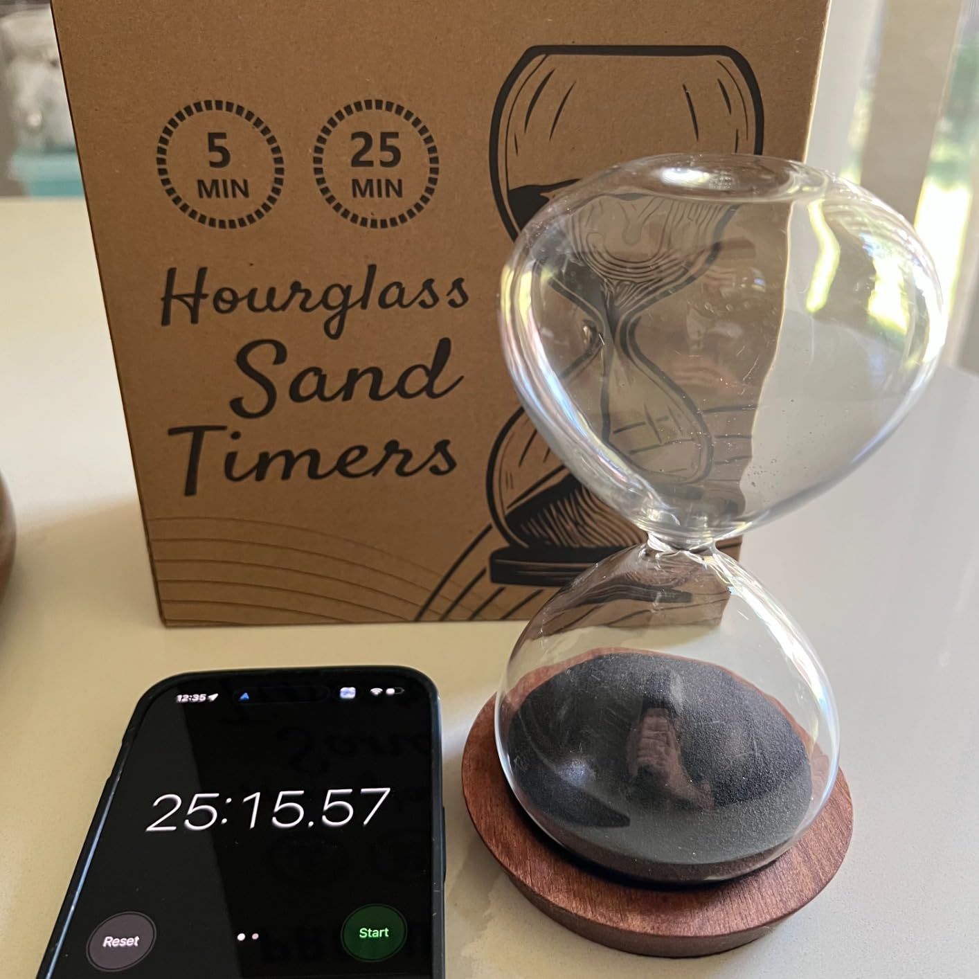 Decorative Hourglass Sand Timer Set - Includes 25 and 5 Minute Sandglass Pomodoro Timers with Wooden Bases - Time Management Productivity Tool - Gift for Home Office Desk customer photo 2