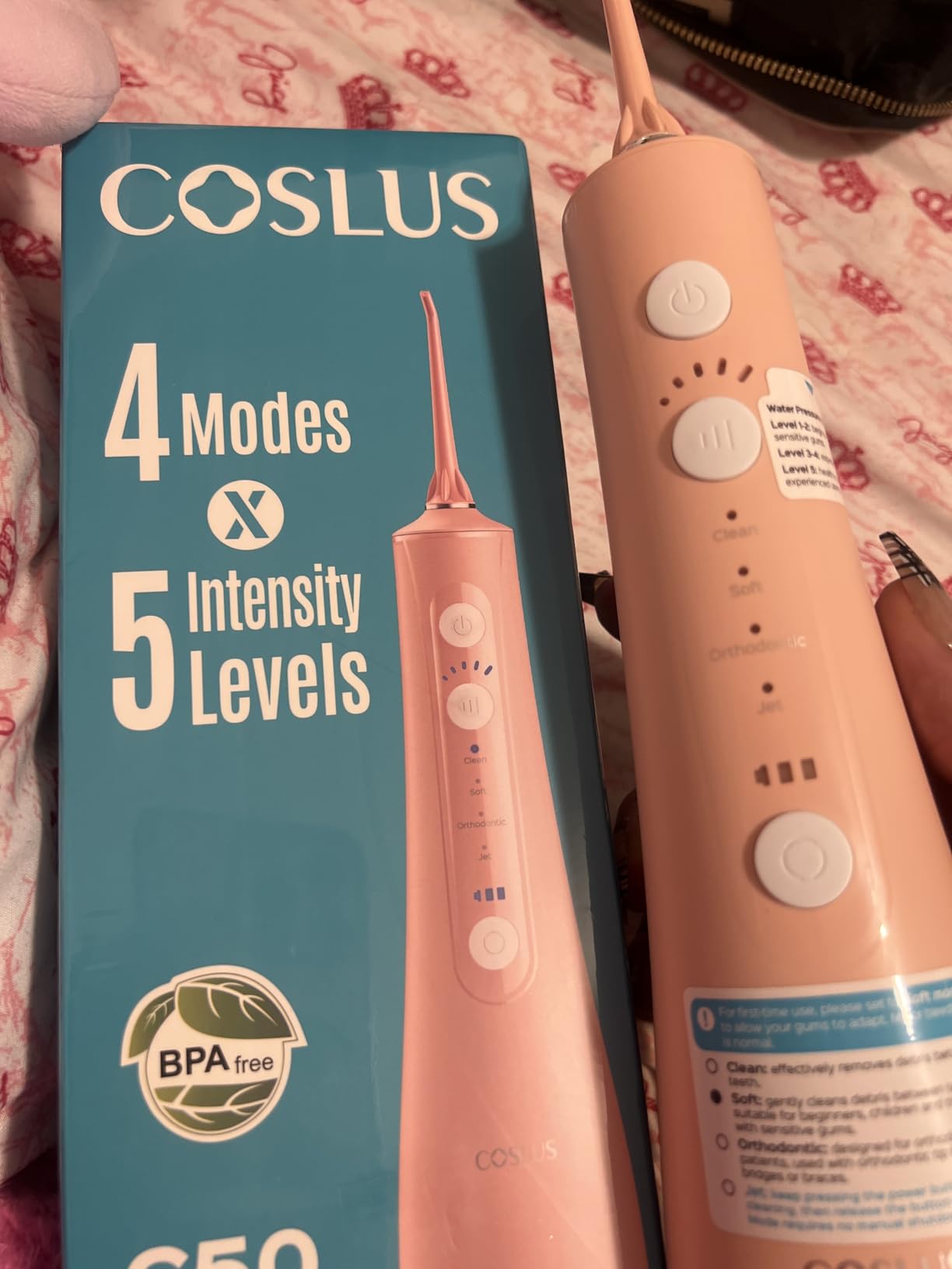 COSLUS ADA Accepted C50 Water Dental Flosser, 4 Modes 5 Intensity Levels | Professional Water Teeth Pick for Braces, Orthodontics & Sensitive Gums, Compact Cordless for Family Home Travel, Pink customer photo 1