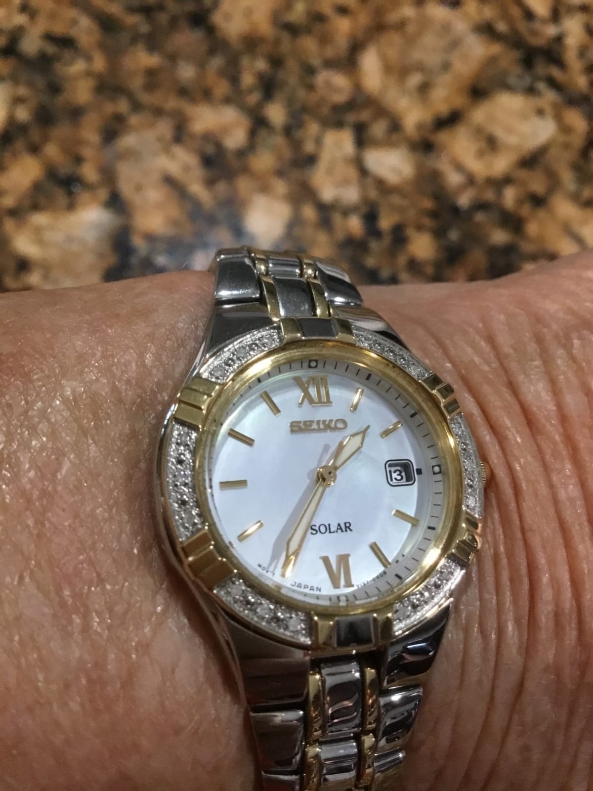 SEIKO SUT068 Watch for Women - Diamond Collection - with 18 Diamond Accents, Solar Power, Mother-of-Pearl Dial, Two-Tone Gold Stainless Steel Case & Bracelet, and Water-Resistant to 50m customer photo 1