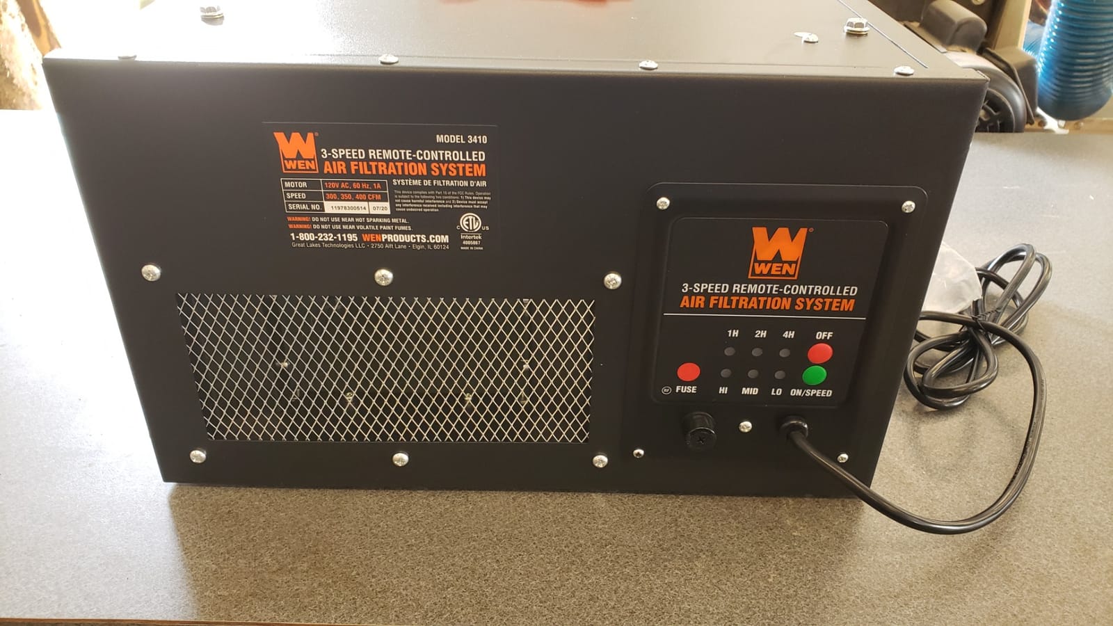 WEN 3410 3-Speed Remote-Controlled Air Filtration System (300/350/400 CFM), Basic w/ RF Remote (400 CFM) , Black customer photo 2