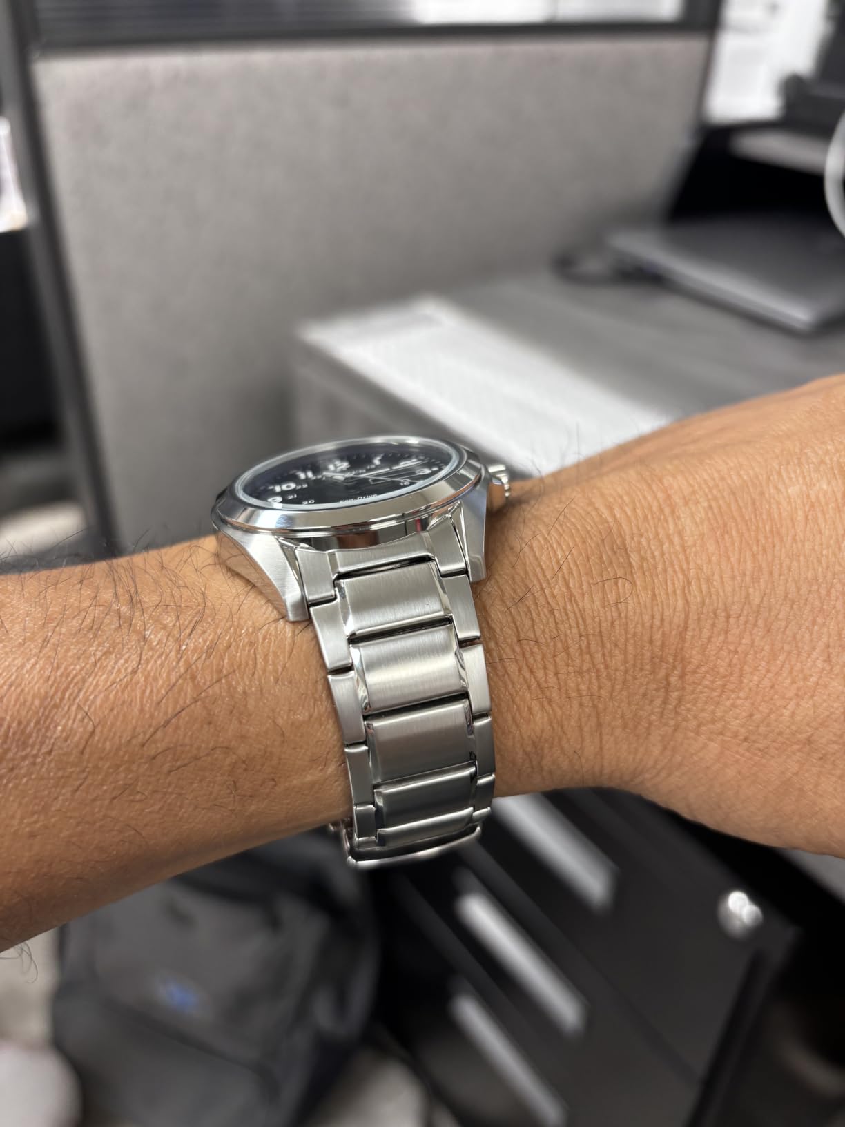 Citizen Men's Eco-Drive Weekender Garrison Field Watch in Stainless Steel, Black Dial, Arabic Markers, Luminous, 43mm (Model: AW0050-82E) customer photo 1