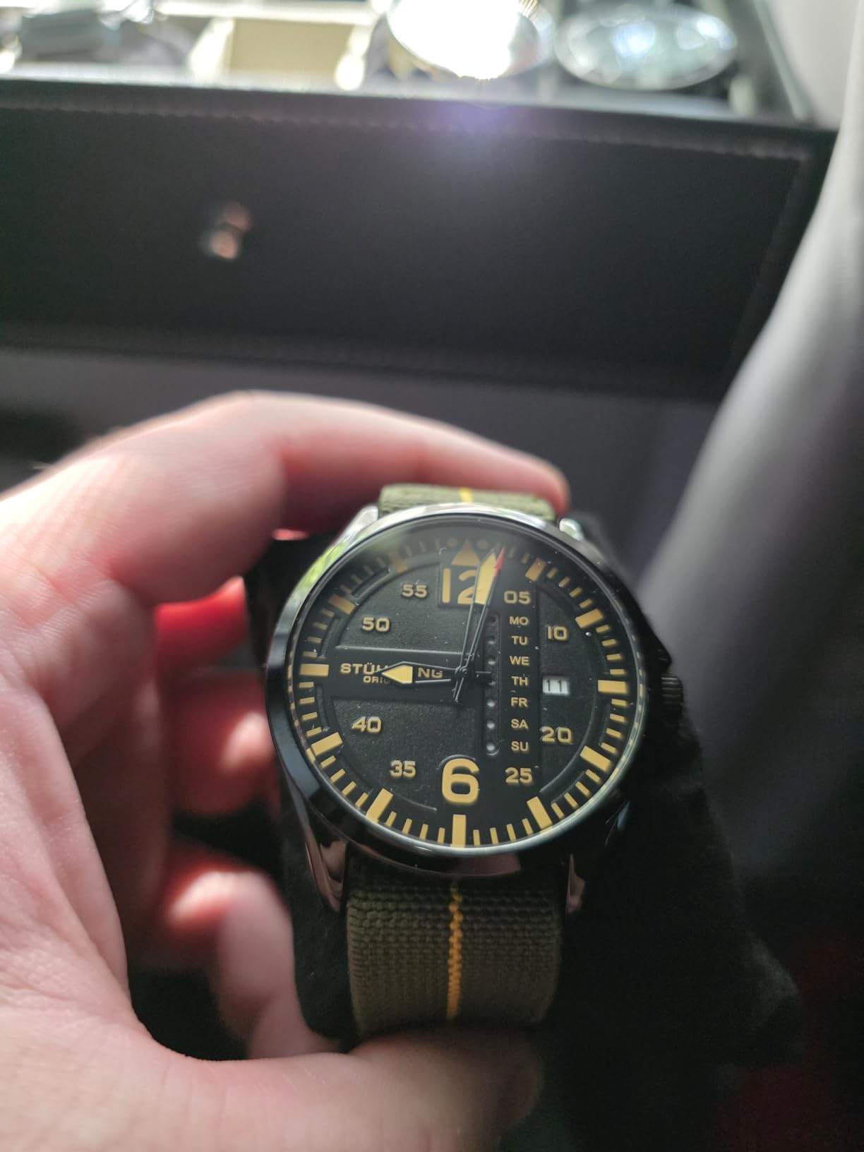 Stuhrling Original Men’s Aviator Watch 42mm Leather Strap, Japanese Quartz Mens Watch, Day Date Display, Luminous Dial, Water Resistant, Aviator Style Watch for Men customer photo 1