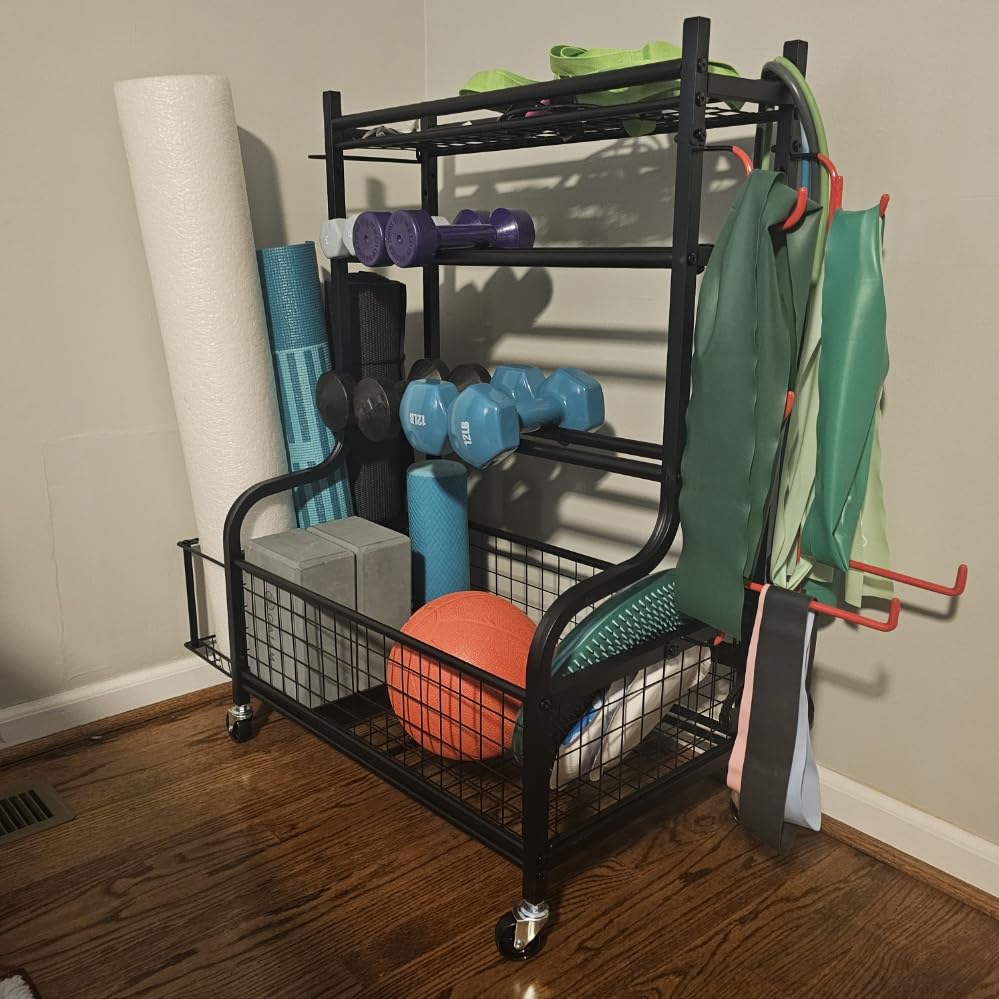 PLKOW Dumbbell Rack, Weight Rack for Dumbbells, Home Gym Storage for Dumbbells Kettlebells Yoga Mat and Balls, All in One Workout Storage with Wheels and Hooks, Powder Coated Finish Steel customer photo 1
