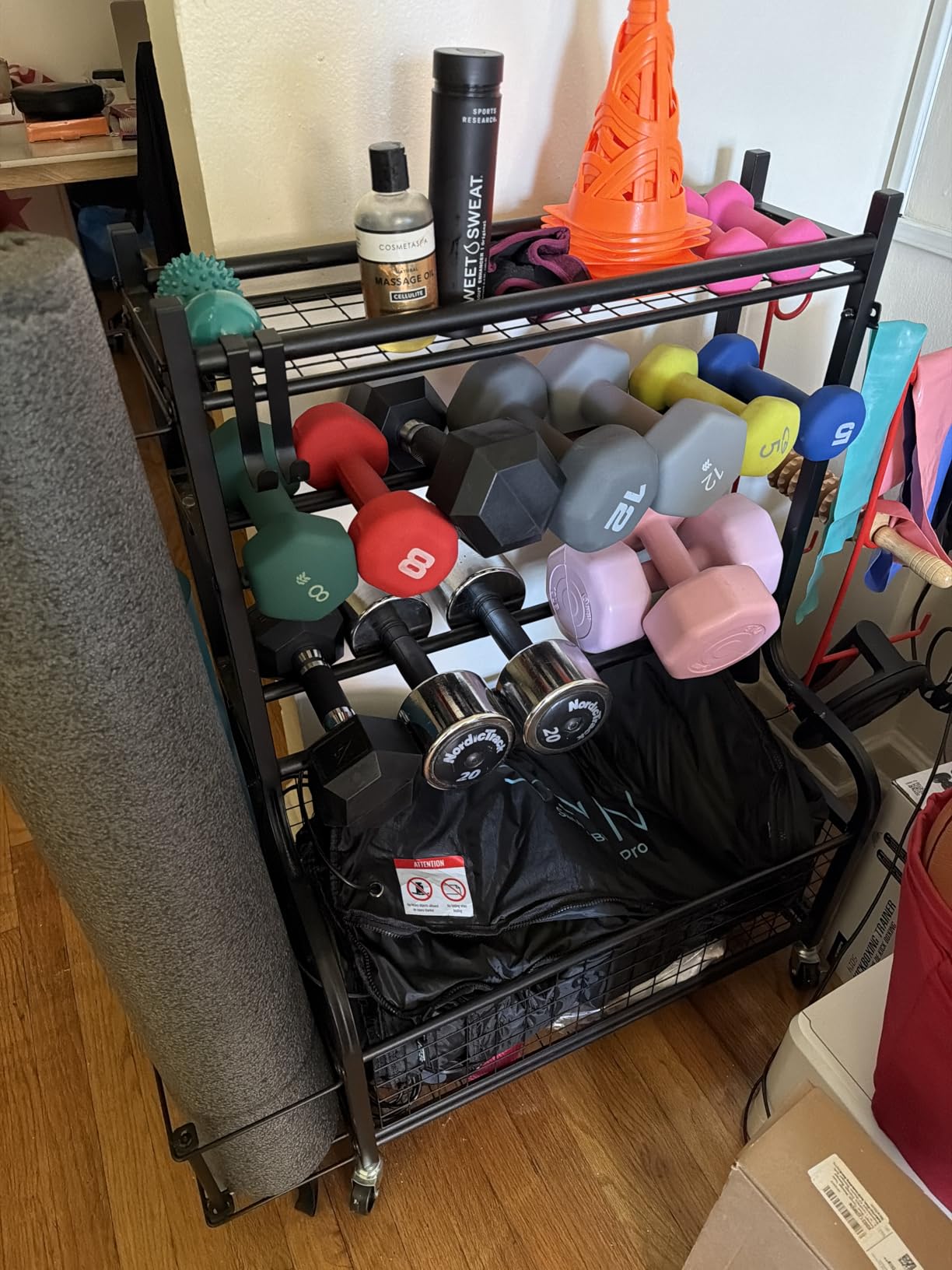 PLKOW Dumbbell Rack, Weight Rack for Dumbbells, Home Gym Storage for Dumbbells Kettlebells Yoga Mat and Balls, All in One Workout Storage with Wheels and Hooks, Powder Coated Finish Steel customer photo 2