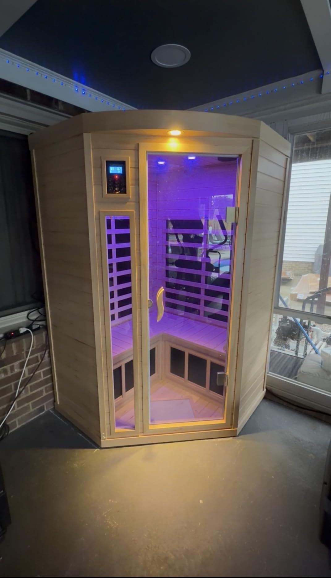 Far Infrared Wooden Sauna Room, 2-3 Person Home Sauna Canadian Hemlock Indoor Corner Sauna Spa, 2 Bluetooth Speakers, 2 LED Reading Lamp, 3 Chromotherapy Lights customer photo 1