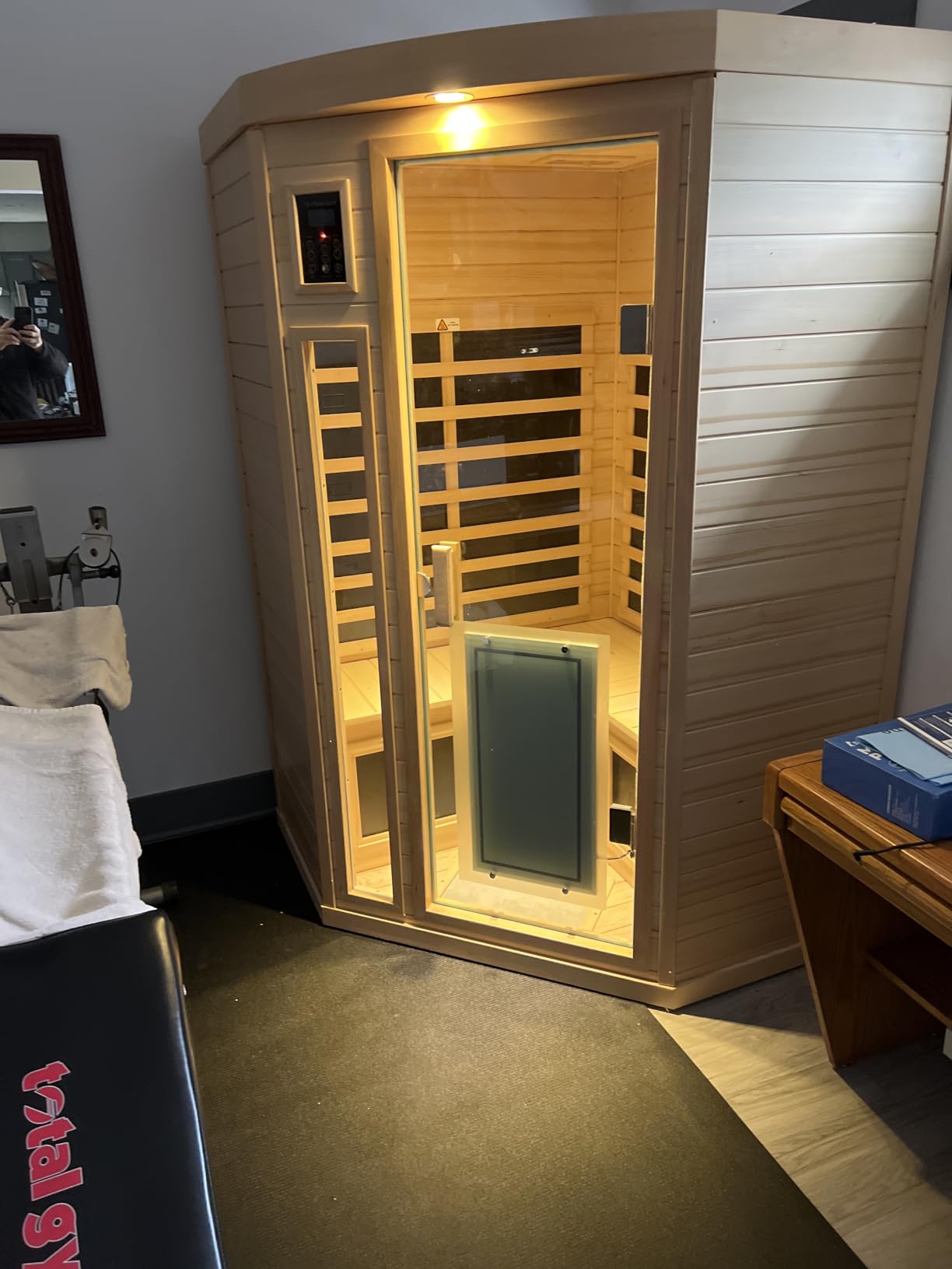 Far Infrared Wooden Sauna Room, 2-3 Person Home Sauna Canadian Hemlock Indoor Corner Sauna Spa, 2 Bluetooth Speakers, 2 LED Reading Lamp, 3 Chromotherapy Lights customer photo 2