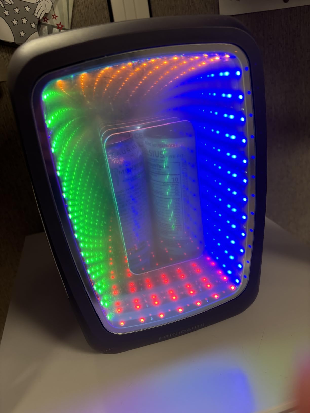 Frigidaire Gaming Light Up Mini Beverage Refrigerator, 6 can, 4 liters, Cooler with large see through door and LED lights Perfect for Gaming Experience, Home, Office, or Cars.12V Charger (Stealth) customer photo 1