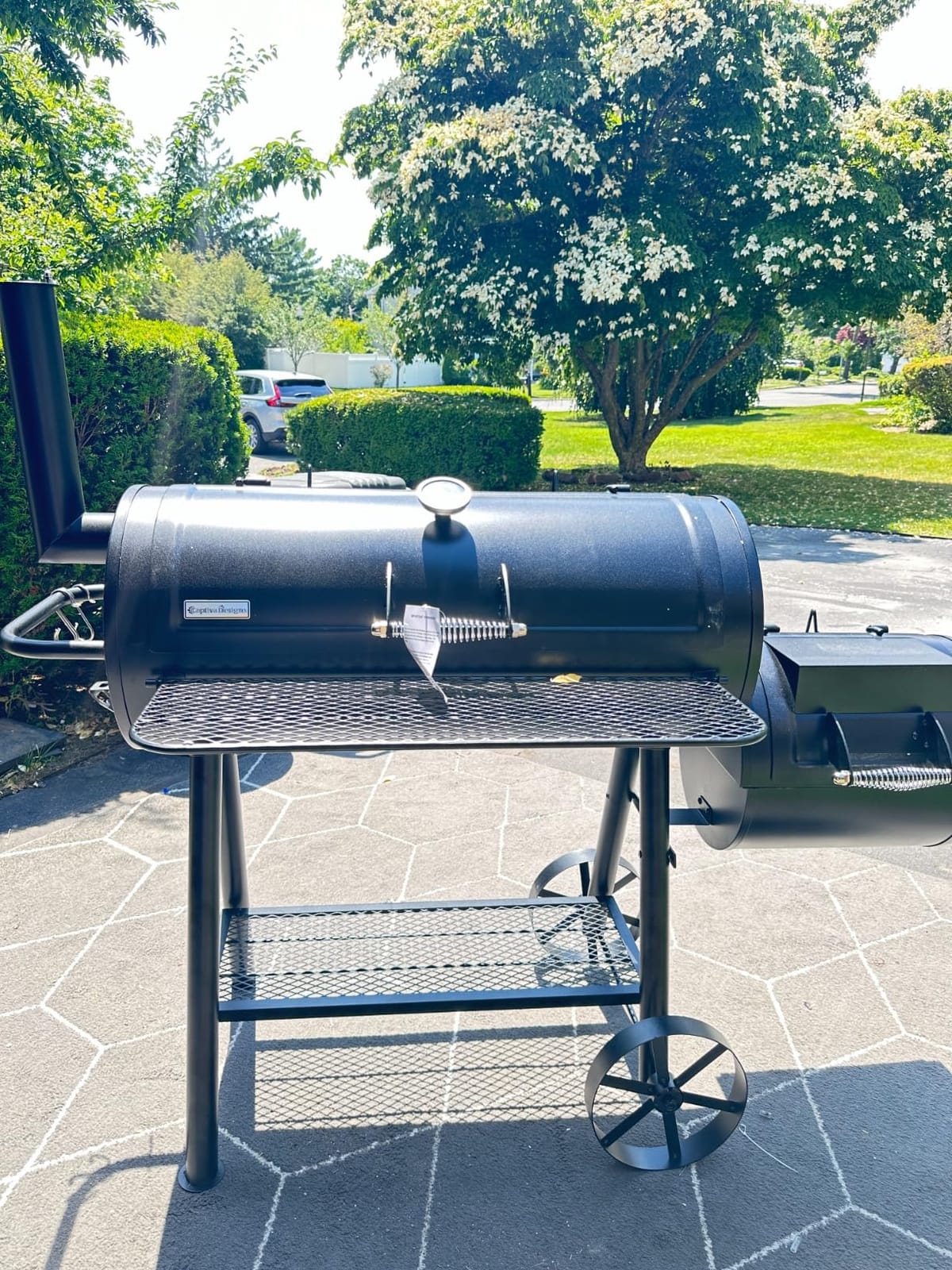 MFSTUDIO Barrel Charcoal Grill w/Offset Smoker, 941 SQ.IN. Cooking Area | Easy to Move, Adjustable Fire Vent, Porcelain-enameled Cooking Grate, Chrome-plated Lid, Foldable Front Shelf, for BBQ customer photo 1