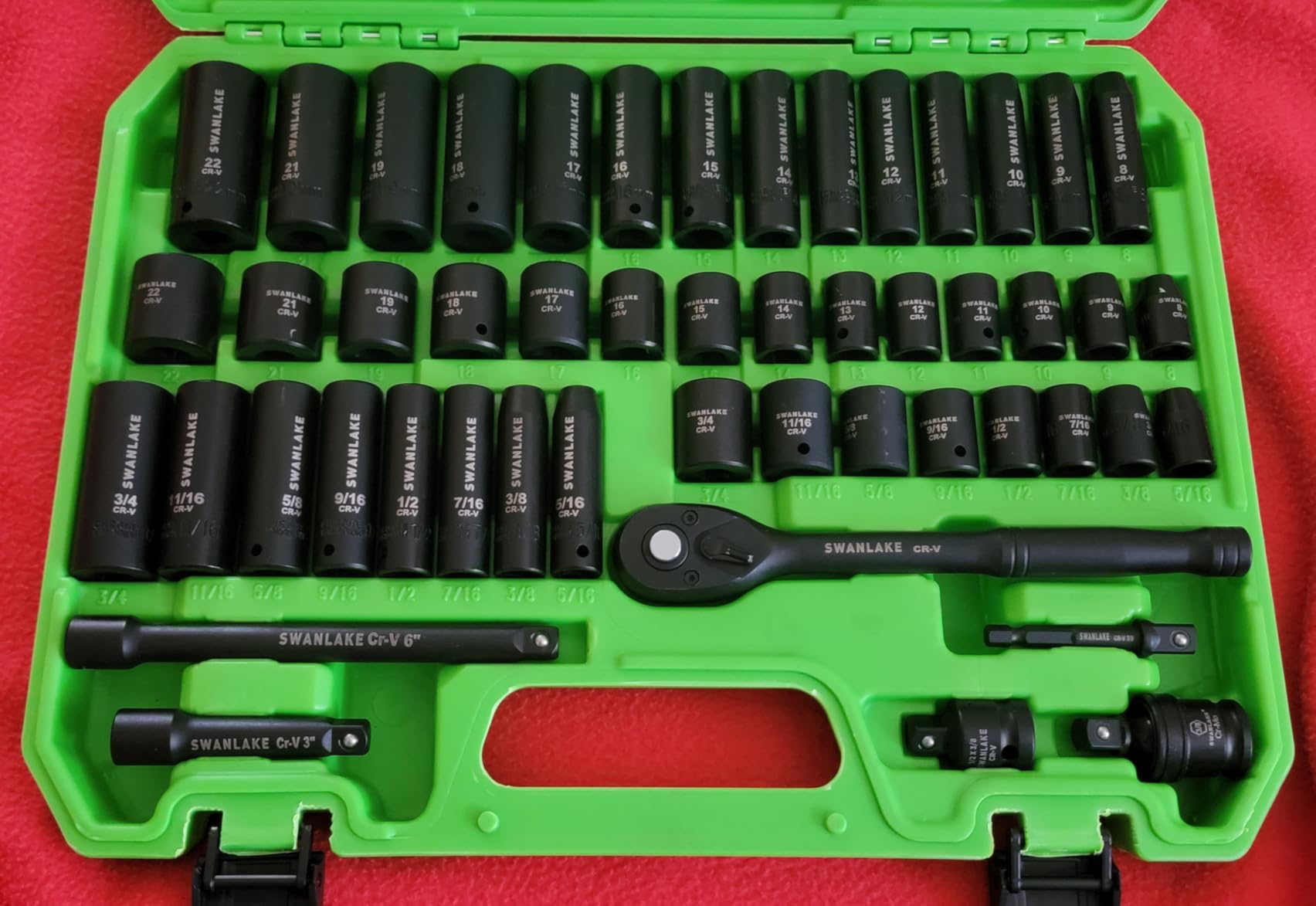 SWANLAKE 3/8'' Drive Impact Socket Set, 50-Piece Standard SAE (5/16 to 3/4 inch) and Metric (8-22mm) Size, 6 Point, Cr-V, 3/8-Inch Ratchet Handle, Extension Bar, Universal Joint customer photo 1