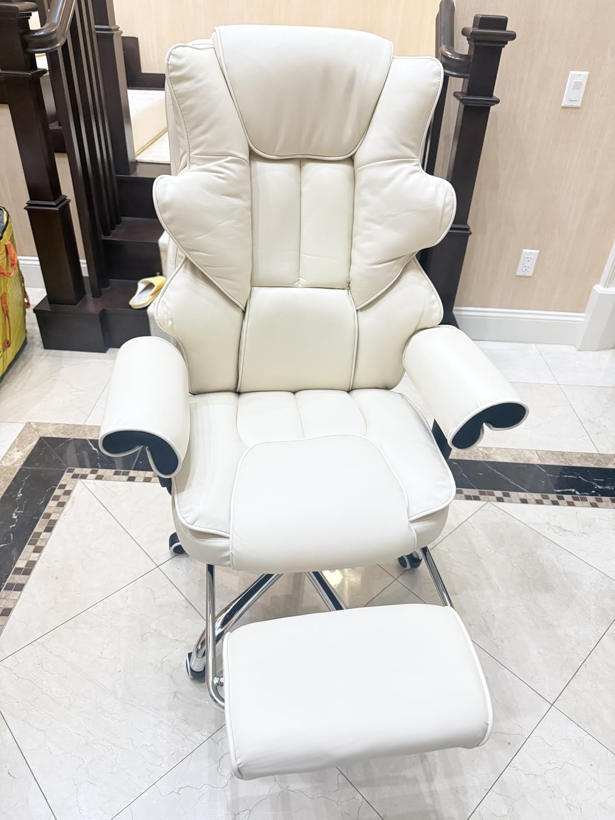 HOMREST 6-Point Massage Executive Chair,Heat Office Chair,Ergonomic Home Office Desk Chairs with Retractable Footrest and Reclining Function,Leather Computer Chair with Adjustable Armrest(Off White) customer photo 1