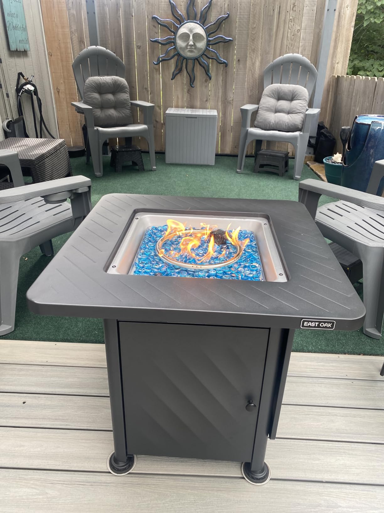 East Oak 28” Outdoor Propane Fire Pit Table | 52,000 BTU Gas Fire Pit for 2-4 People with Space-Saving Hock Lid, Mesh Pocket & Lava Rocks | CSA Certified Safe for Patio, Deck, Backyard, Brown customer photo 1