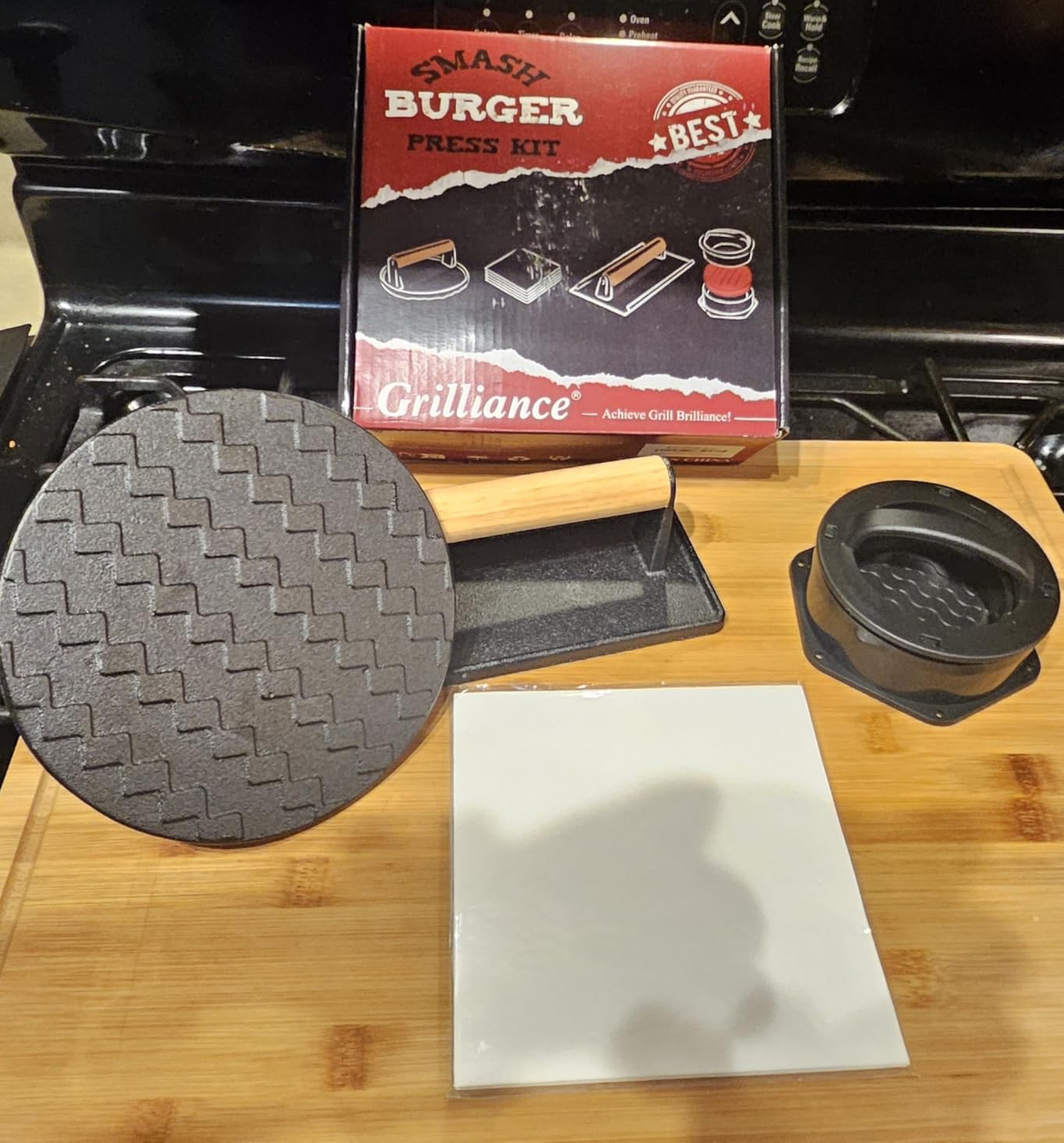 Grilliance Smash Burger Press Kit, 3 in 1 Hamburger Press Patty Maker, Black Cast Iron Burger Press Round & Rectangle, 100pcs Wax Paper for Grill, Griddle, Flat top, Kitchen, Cooking customer photo 1