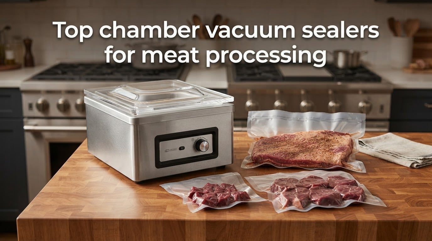 Top chamber vacuum sealers for meat processing