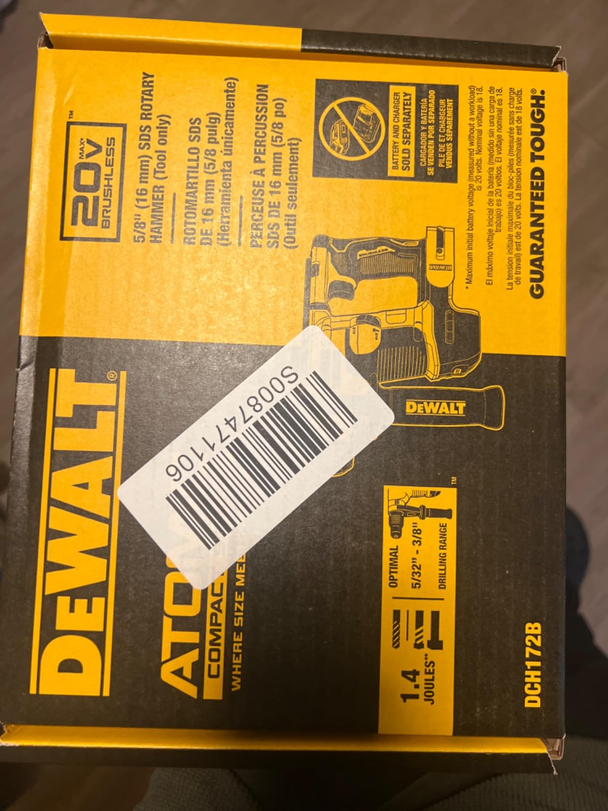 DEWALT 20V MAX SDS Plus Rotary Hammer Drill, Cordless, 5/8 in., Tool Only (DCH172B), Special Feature-Brushless Motor, Compact customer photo 2