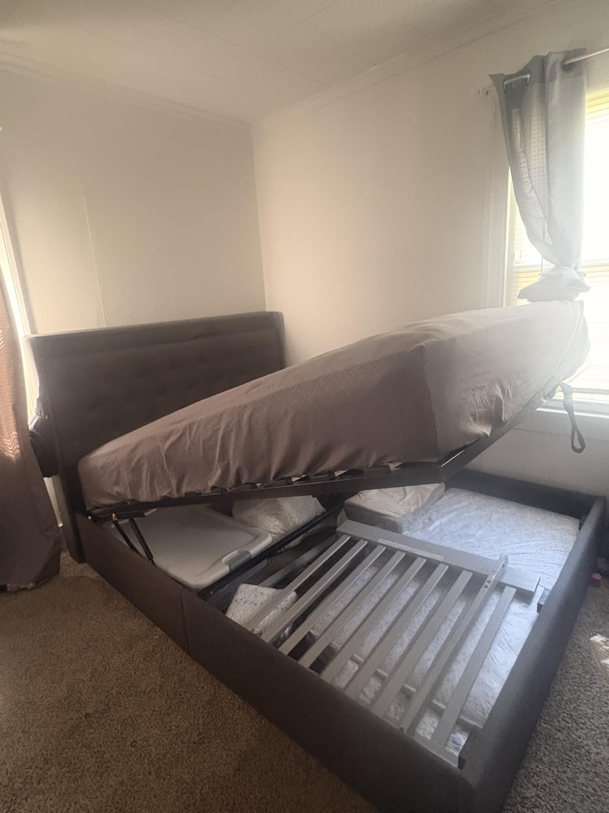 Queen Lift Up Storage Bed Frame w/Charging Station & LED Lights, Dark Grey customer photo 2