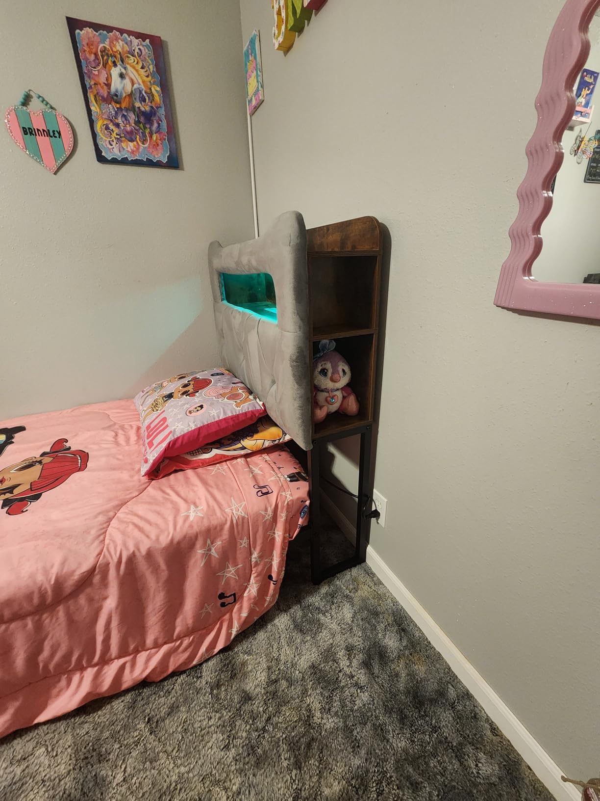 Full Upholstered LED Bed Frame with 2 Storage Drawers and 2-Tier Storage Headboard, Velvet Princess Platform Bed with Charging Station & Bookcase, Heavy Duty Metal Support, No Box Spring Needed, Pink customer photo 1