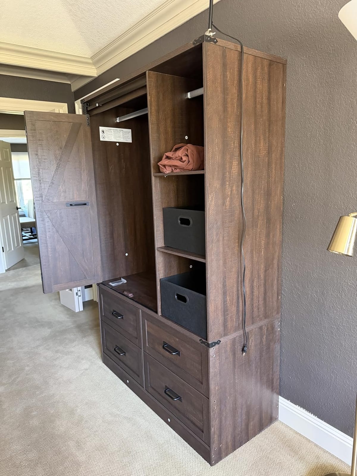 Farmhouse 4 Doors Armoire Wardrobe Closet w/Folding Sliding Barn Door and Lights, LED Armoire Closet w/Drawers for Bedroom, Freestanding Wooden Wardrobe Storage Closets w/Hanging Rod,Antique White customer photo 1